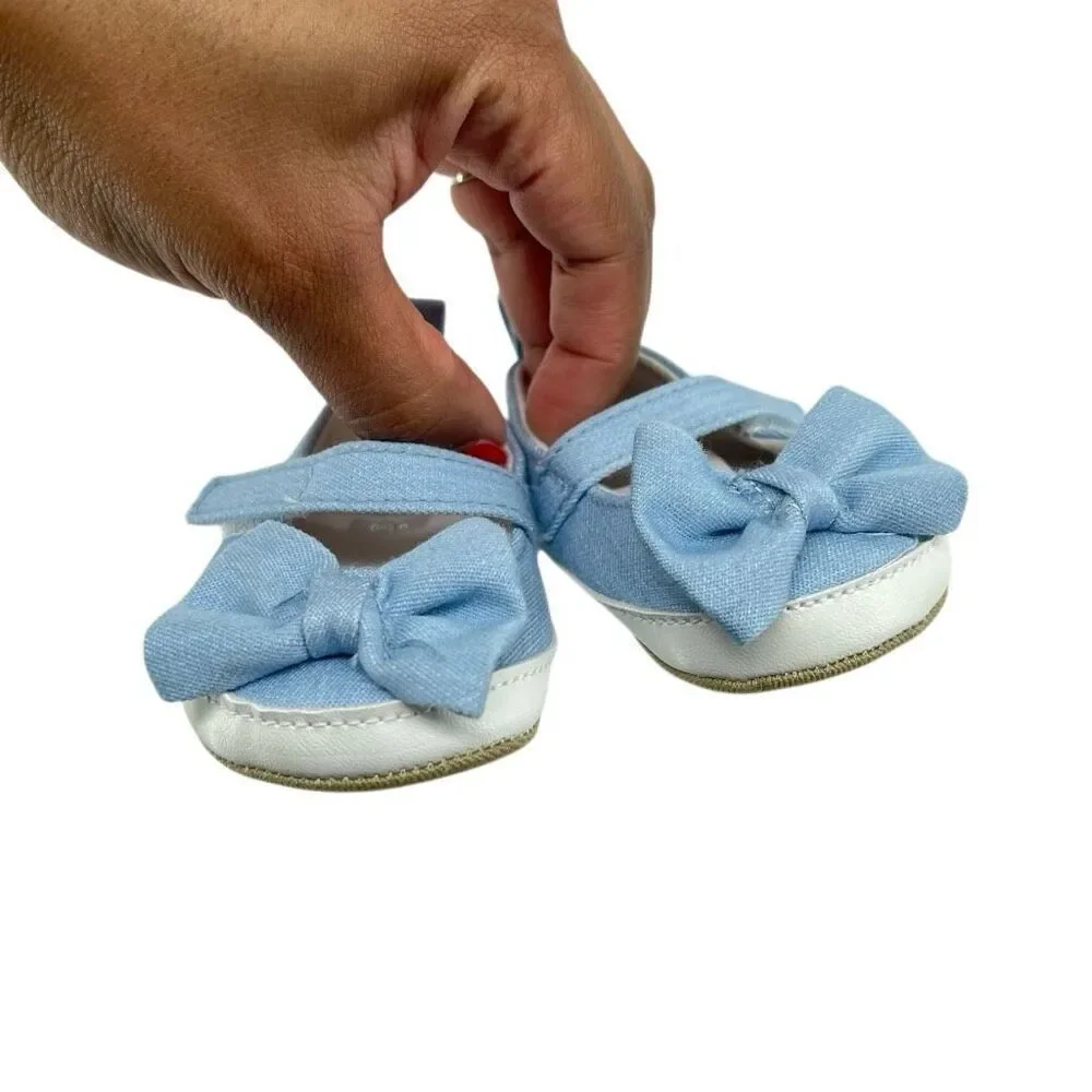 Carter’s Baby Girl Blue Bow Mary Jane Crib Shoes Soft Sole Newborn 0-3M